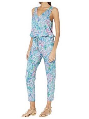 Lilly Pulitzer Paulina Sleeveless V-Neck Floral Jumpsuit in Light Blue and Pink